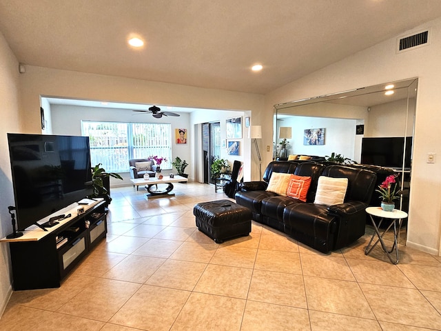 living room featuring light tile patterned floors, visible vents, lofted ceiling, recessed lighting, and ceiling fan