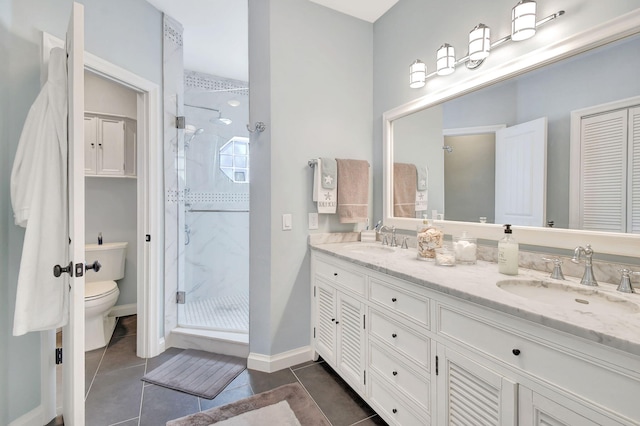 bathroom with tile patterned floors, toilet, vanity, and walk in shower