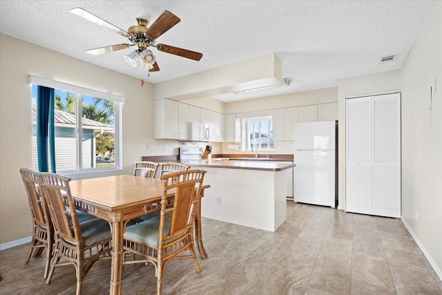 dining area with ceiling fan and a textured ceiling