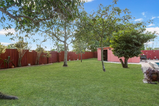 view of yard featuring a patio area and an outdoor structure