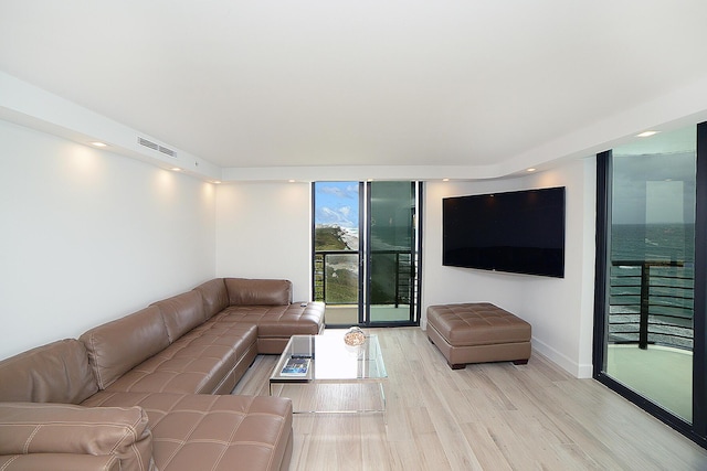 living room featuring floor to ceiling windows and light hardwood / wood-style floors