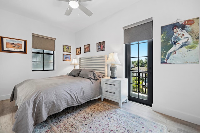 bedroom with access to outside, ceiling fan, and light hardwood / wood-style flooring