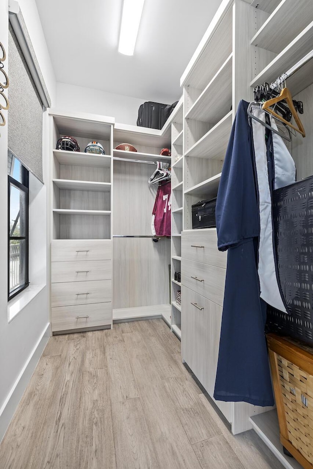 walk in closet with light wood-style flooring