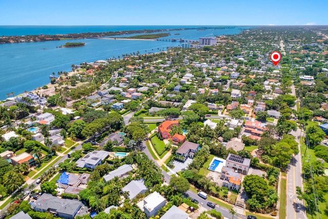 drone / aerial view featuring a water view