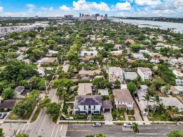 aerial view with a water view and a residential view