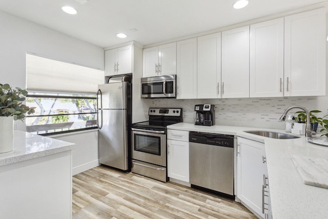 kitchen featuring sink, backsplash, white cabinets, and stainless steel appliances