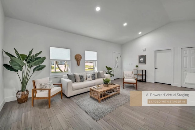 living room with high vaulted ceiling