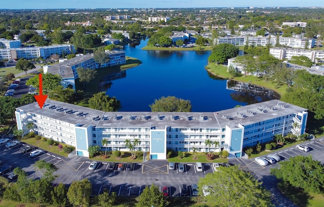 bird's eye view with a water view