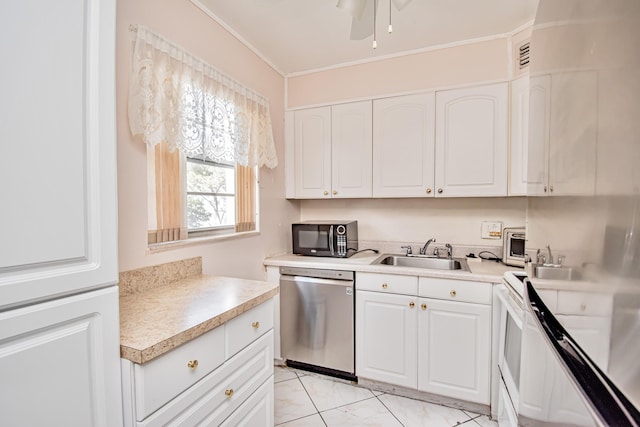 kitchen featuring stainless steel dishwasher, white range oven, ceiling fan, sink, and white cabinetry