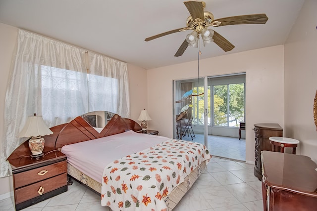 bedroom featuring access to outside and ceiling fan