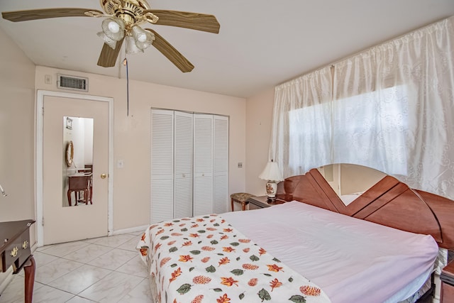 bedroom with ceiling fan and a closet