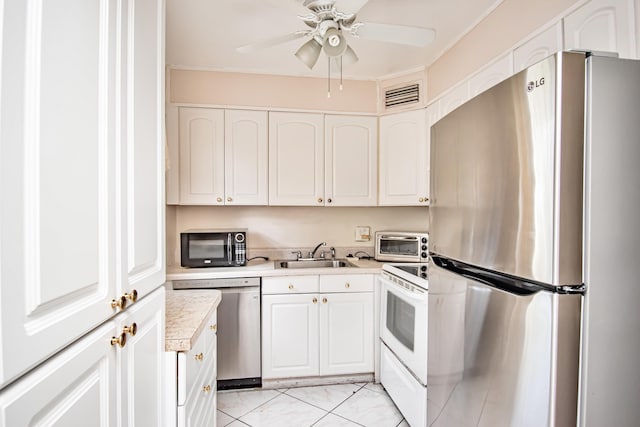 kitchen with white cabinetry, sink, ceiling fan, and stainless steel appliances