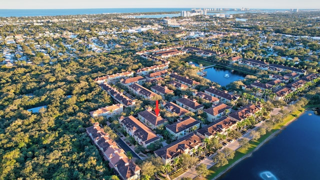 drone / aerial view with a water view