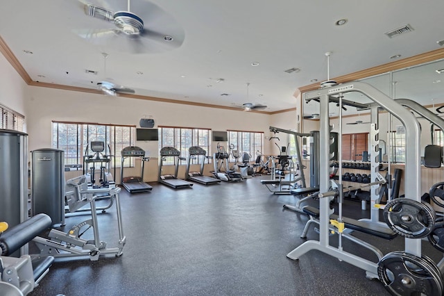 exercise room featuring ceiling fan and ornamental molding