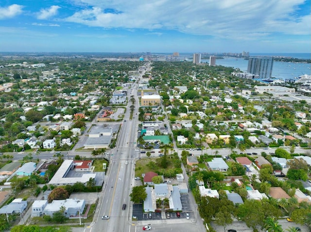 drone / aerial view featuring a water view