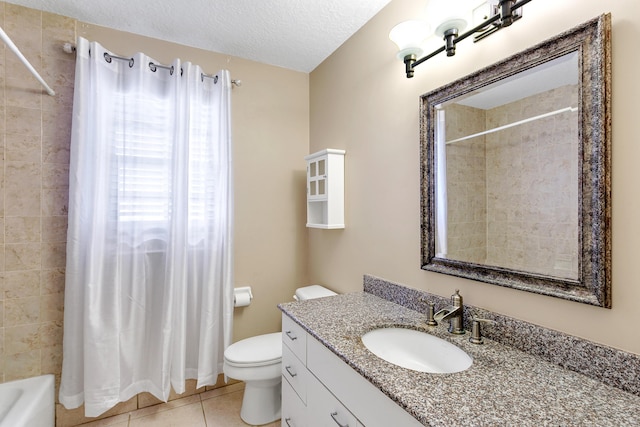 full bathroom featuring vanity, a textured ceiling, shower / bathtub combination with curtain, tile patterned flooring, and toilet