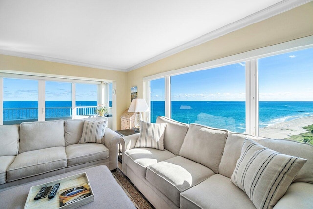 living room with a beach view, a water view, and crown molding