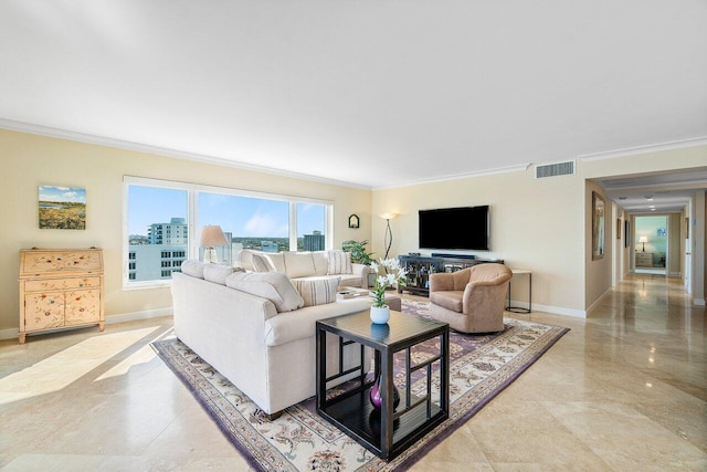 living room featuring ornamental molding