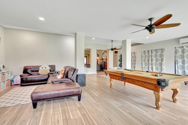 rec room featuring ceiling fan, light hardwood / wood-style floors, and billiards