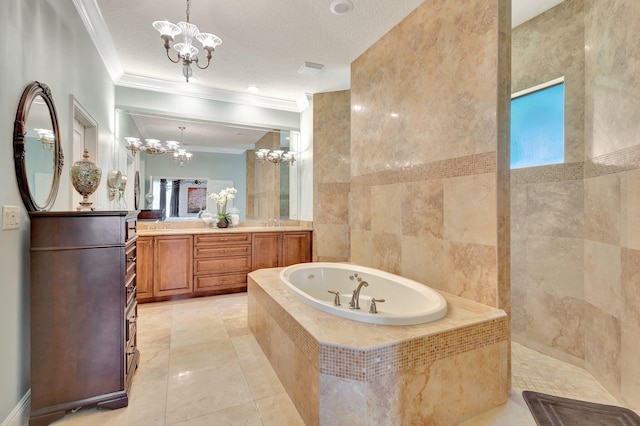 bathroom with a textured ceiling, vanity, crown molding, a notable chandelier, and tiled bath