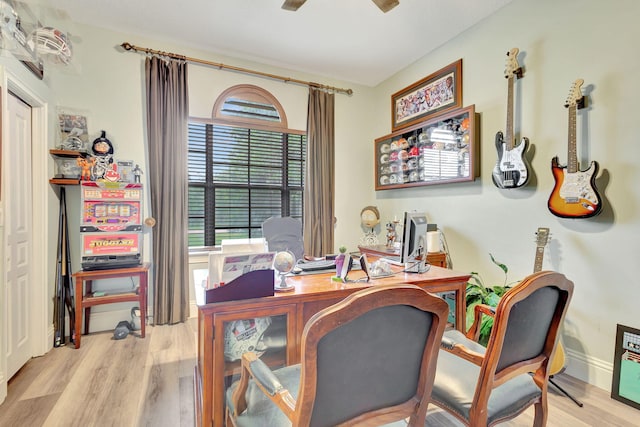 office area featuring ceiling fan and light hardwood / wood-style floors