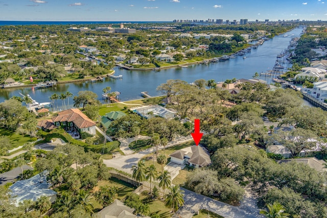 aerial view featuring a water view