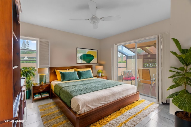 tiled bedroom with access to exterior and ceiling fan