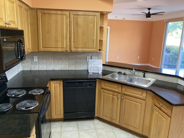 kitchen with backsplash, ceiling fan, sink, black appliances, and light tile patterned floors