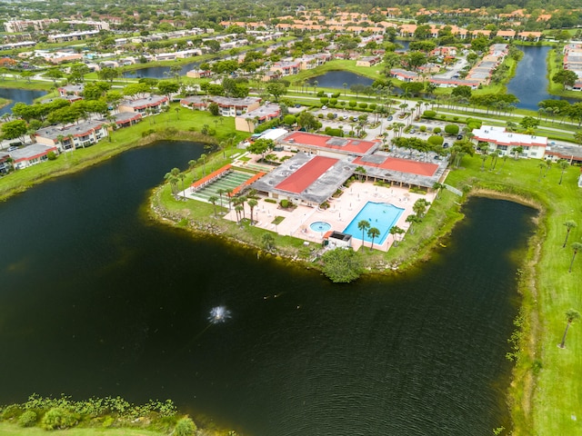 drone / aerial view featuring a water view