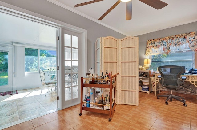 office area with crown molding, ceiling fan, and hardwood / wood-style flooring