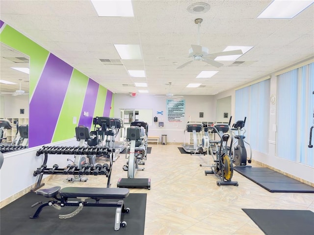 workout area featuring ceiling fan