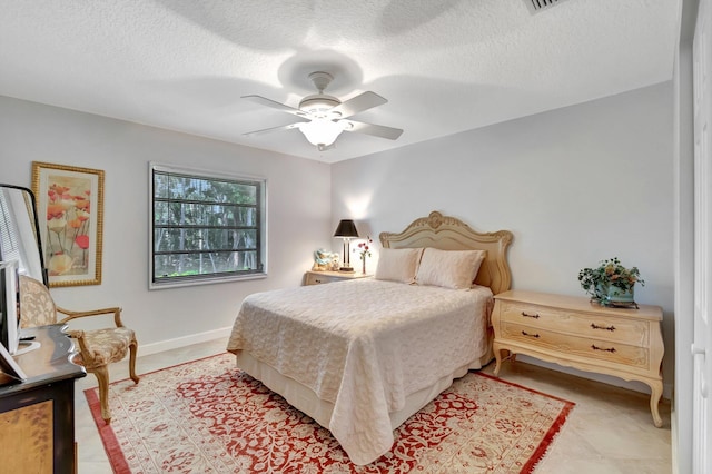 bedroom with a textured ceiling and ceiling fan