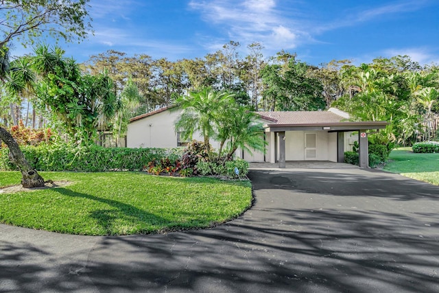 view of front facade featuring a front yard and a carport