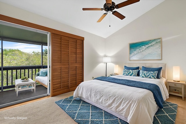 bedroom featuring lofted ceiling, access to exterior, carpet, and ceiling fan