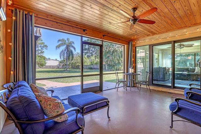 sunroom featuring ceiling fan and wood ceiling