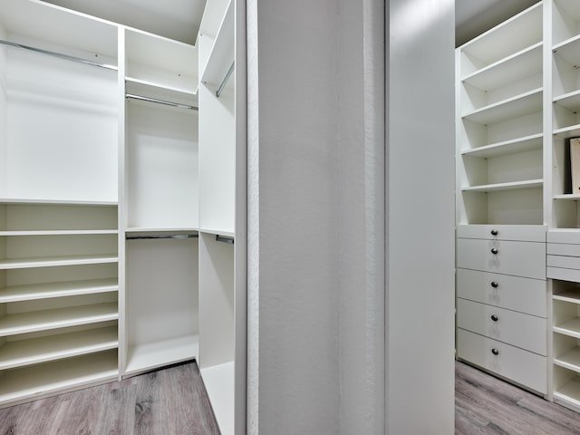 walk in closet with light hardwood / wood-style flooring