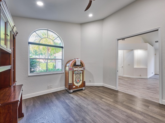 interior space featuring wood-type flooring and ceiling fan