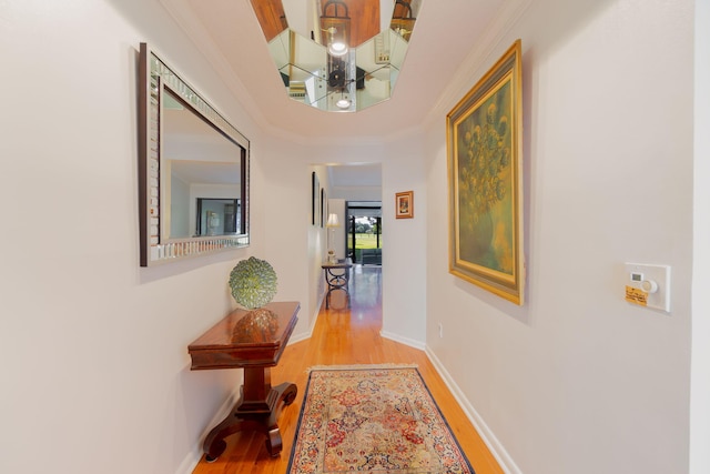 hallway featuring light hardwood / wood-style flooring and crown molding