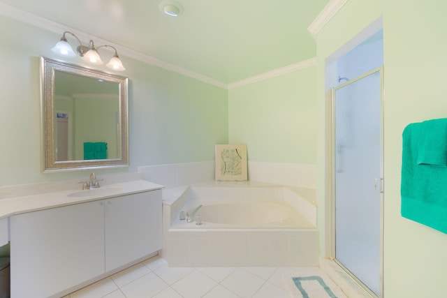 bathroom featuring tile patterned flooring, vanity, separate shower and tub, and crown molding