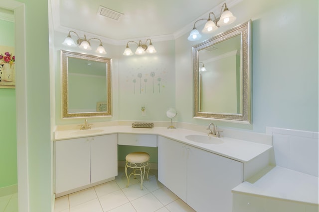 bathroom featuring tile patterned flooring, vanity, and ornamental molding