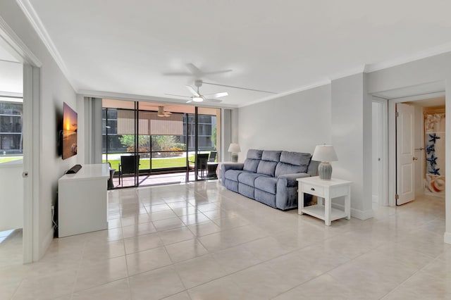 living room featuring light tile patterned floors, ceiling fan, and crown molding