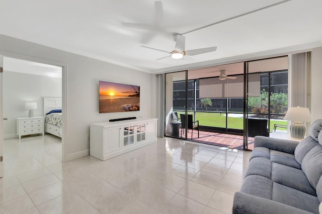 tiled living room with ceiling fan