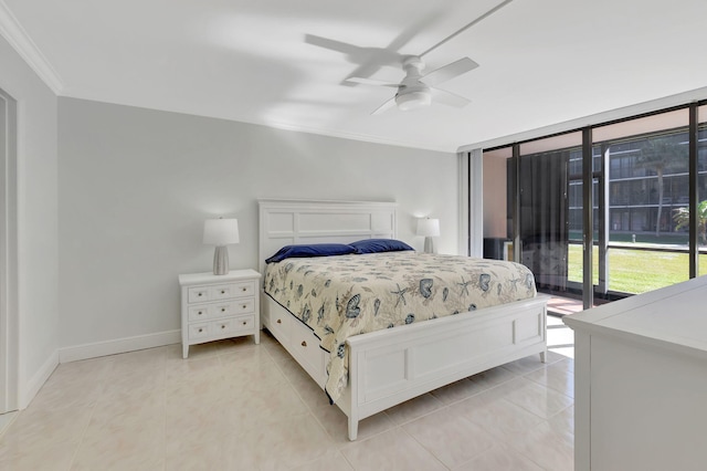 bedroom featuring access to exterior, light tile patterned floors, ceiling fan, and ornamental molding