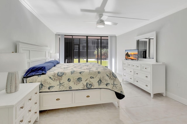 bedroom featuring access to outside, ceiling fan, light tile patterned flooring, and ornamental molding