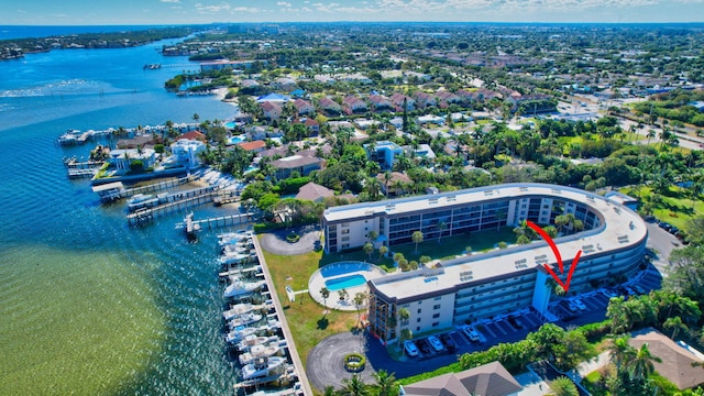 bird's eye view with a water view