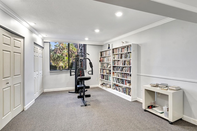 exercise room featuring carpet, crown molding, and a textured ceiling