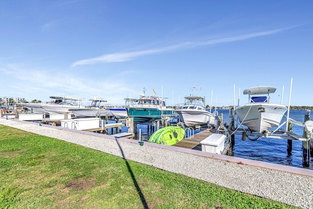 dock area with a water view and a lawn