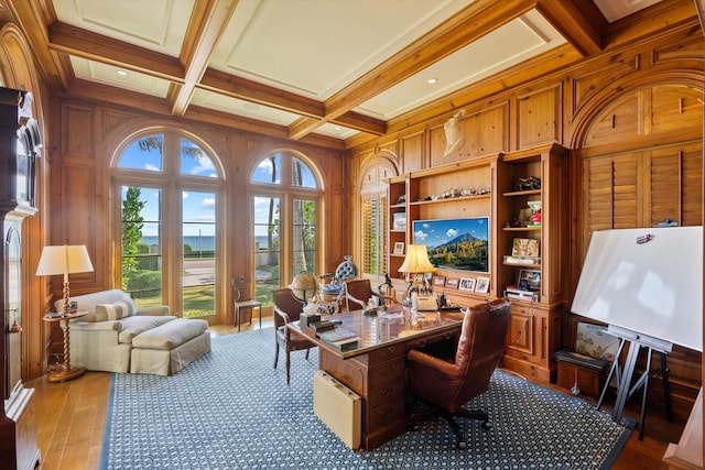 home office with wood walls and coffered ceiling