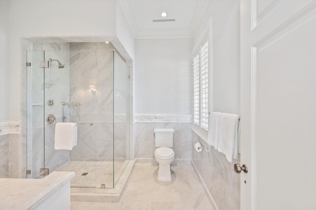 bathroom with an enclosed shower, toilet, a wealth of natural light, and crown molding