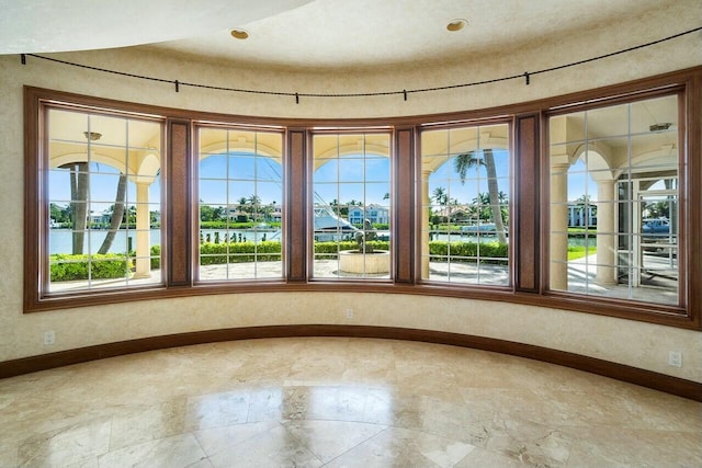 interior space with a water view